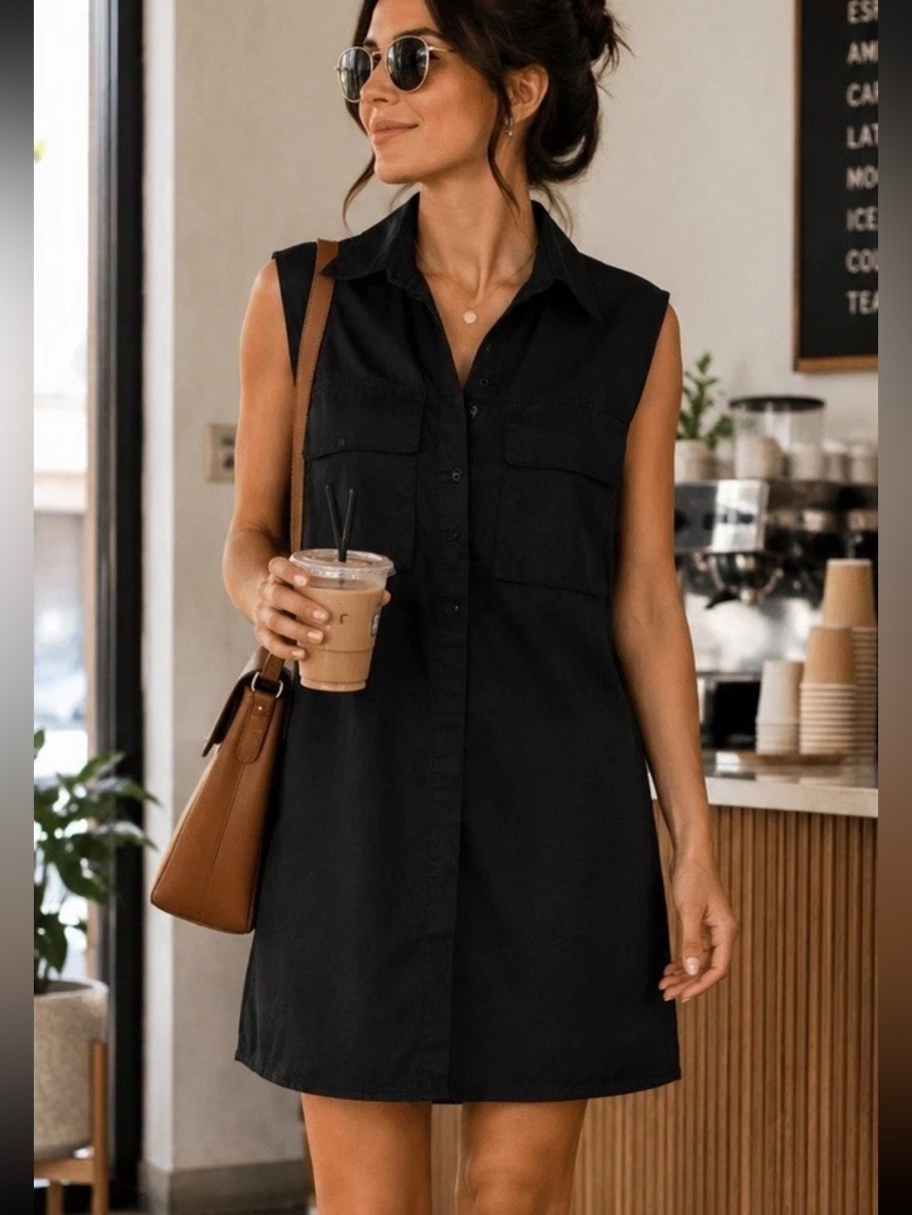 Zara Utility Shirt Mini Dress Sleeveless Black Medium Cargo Pocket Minimalist